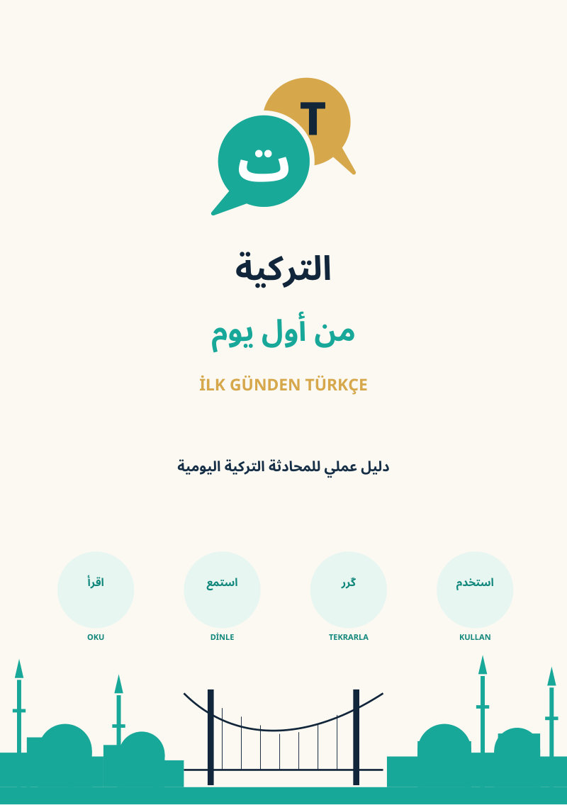 صفحة العنوان: «دليل عملي للمحادثة التركية اليومية»، وأربع خطوات: اقرأ، استمع، كرّر، استخدم.